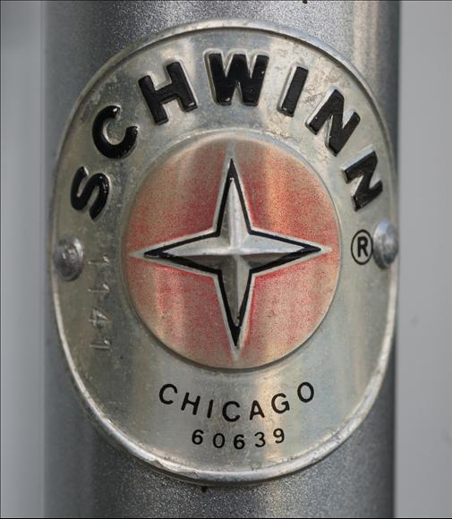 NOS 1960s 1970s Schwinn Chicago Bicycle Head Badge Yellow w/ Black Letters 